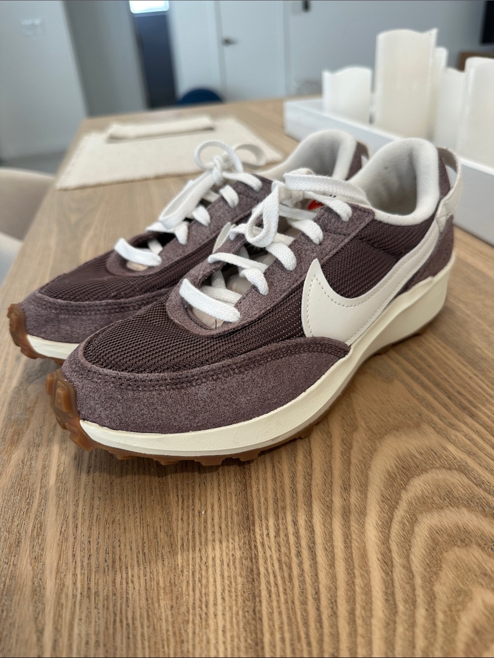 Nike women’s retro Brown Suede and Mesh Low-Top Sneakers with White Swoosh